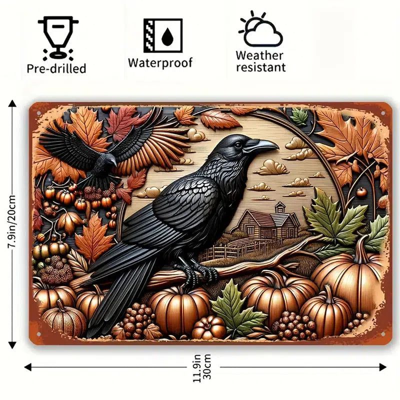 Pumpkin & Crow Metal Sign Fall Harvest Wall Decor Halloween Sign-MoonChildWorld