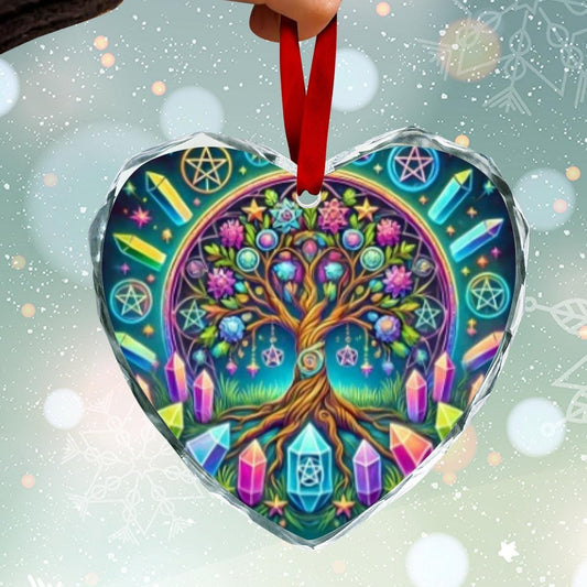 Wicca Pentacle Crystal Tree of life Pagan Yule Heart-Shaped Crystal Glass Ornament