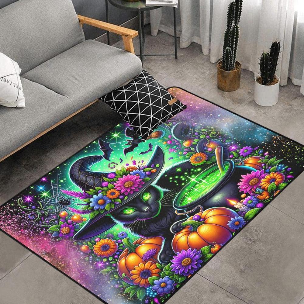 Cauldron Black Cat Wiccan Area Rug Witchy Cat Witchcraft Carpet for Halloween-MoonChildWorld