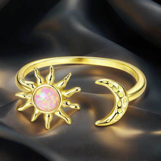 Pink Opal Sun and Moon Ring Celestial Jewelry