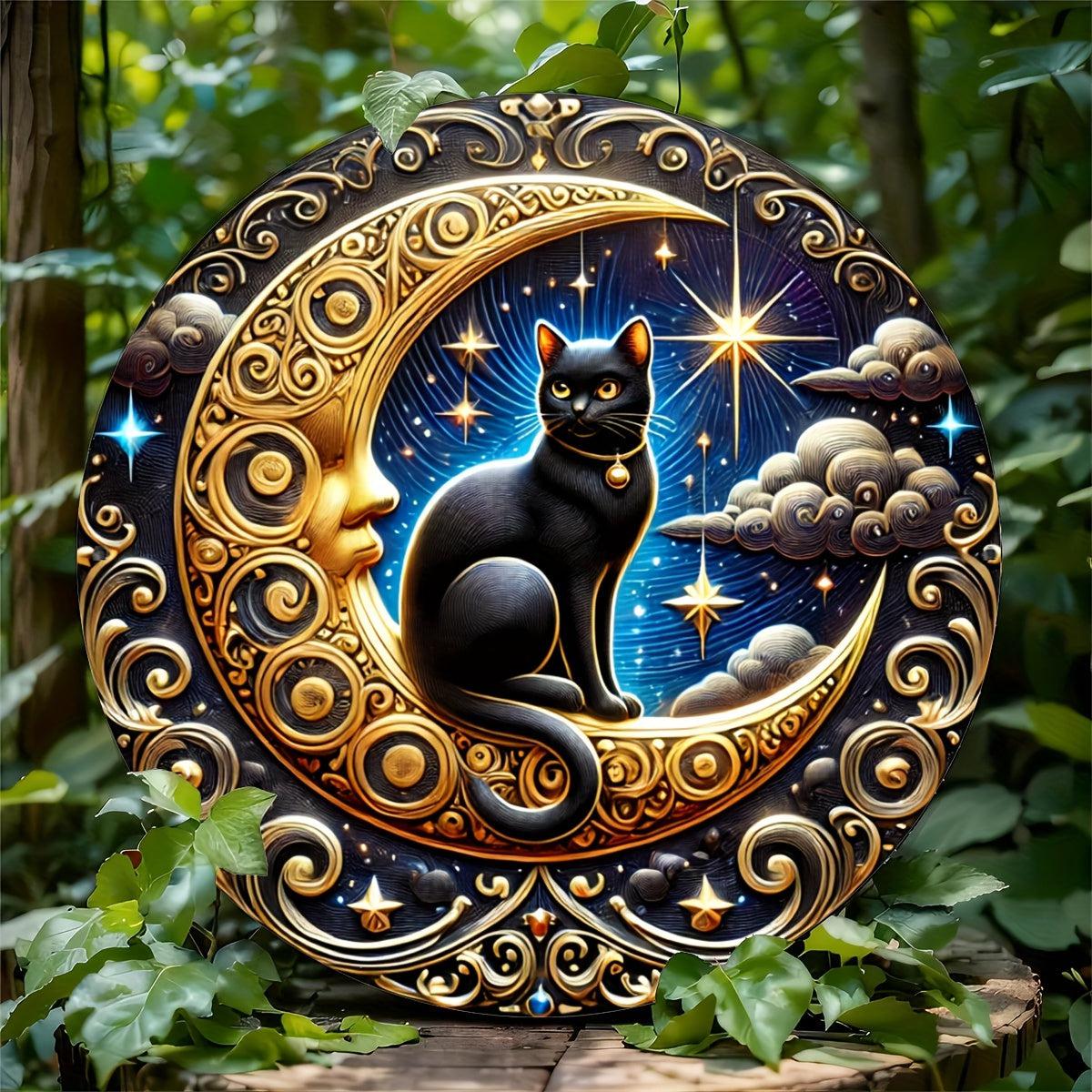 Witchy Black Cat & Moon Metal Sign Celestial Home Decor-MoonChildWorld