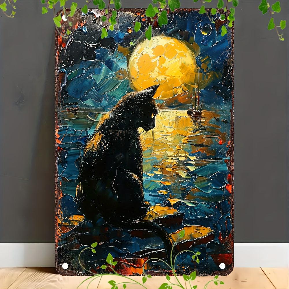 Moonlit Black Cat Wall Art Occult Cat Metal Sign for Spirit Animal Home Decor-MoonChildWorld