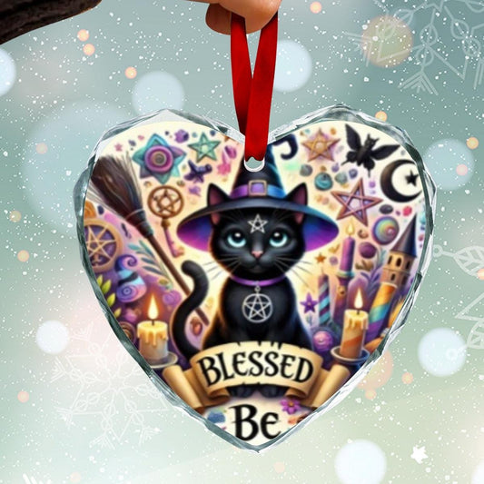 Witchy Black Cat Wicca Yule Heart-Shaped Crystal Glass Ornament