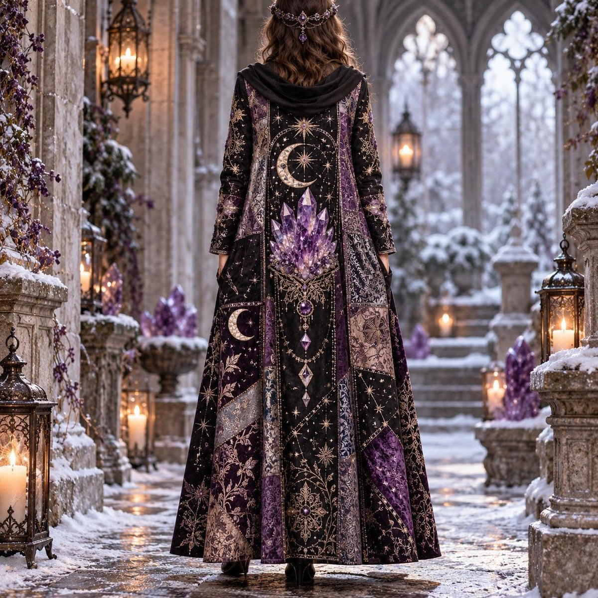 Amethyst Crescent Moon Celestial Cowl Neck Dress – Witchy Gothic Maxi – worn, back view