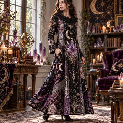 Amethyst Crescent Moon Celestial Cowl Neck Dress – Witchy Gothic Maxi – worn, three quarter view