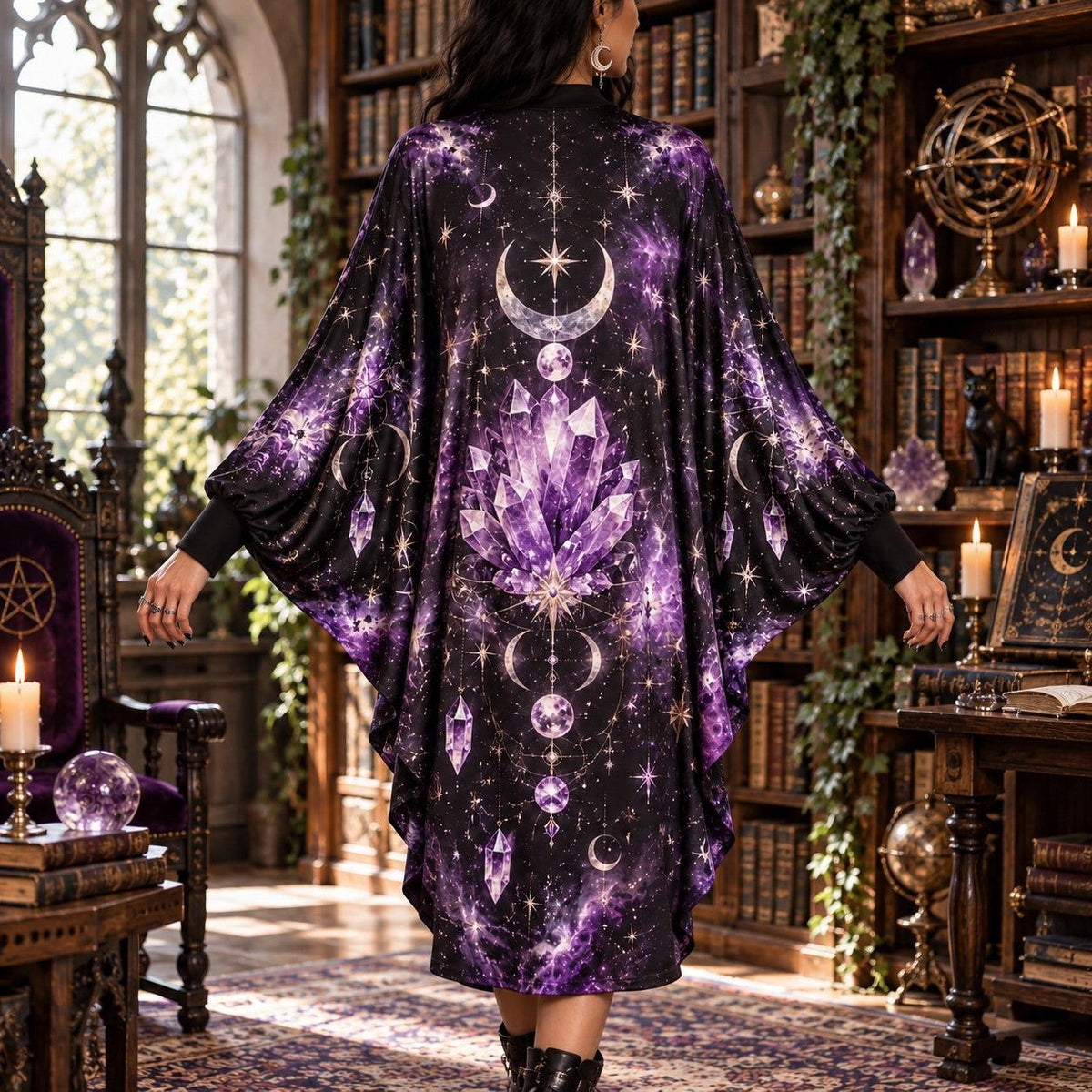 Amethyst Crystal Celestial Batwing Dress – Witchy Gothic Moon Midi – worn, back view