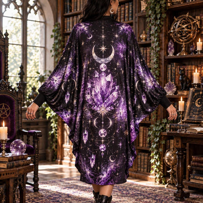 Amethyst Crystal Celestial Batwing Dress – Witchy Gothic Moon Midi – worn, back view