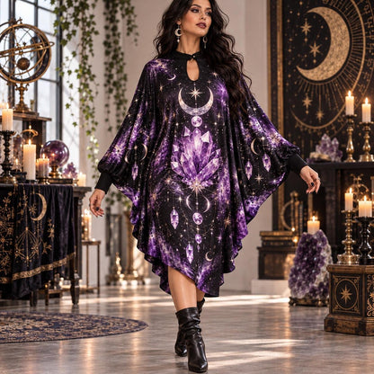 Amethyst Crystal Celestial Batwing Dress – Witchy Gothic Moon Midi – worn, in motion