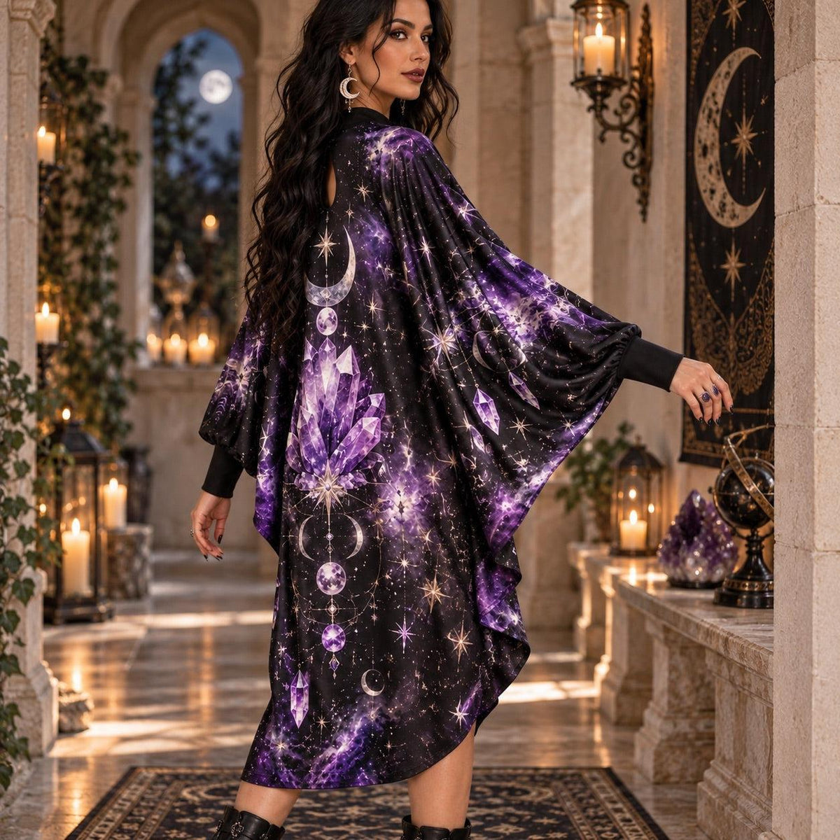 Amethyst Crystal Celestial Batwing Dress – Witchy Gothic Moon Midi – worn, three quarter view