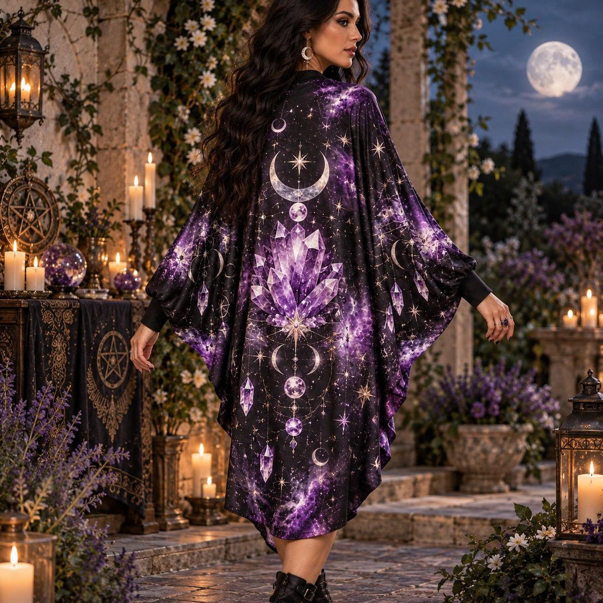 Amethyst Crystal Celestial Batwing Dress – Witchy Gothic Moon Midi – worn, back view