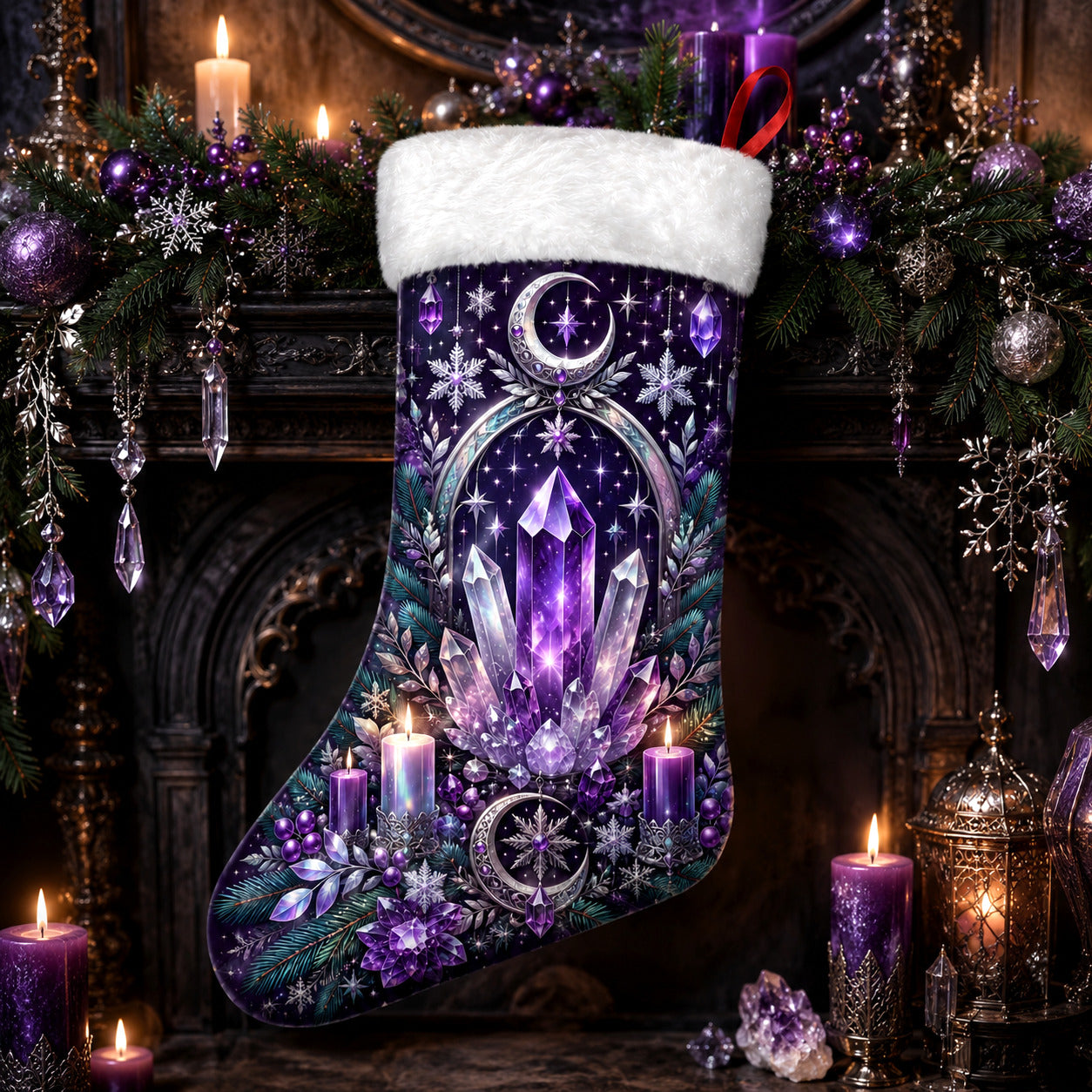 Amethyst Crystal Christmas Stocking Purple Witchy Altar Decor, styled shot 3