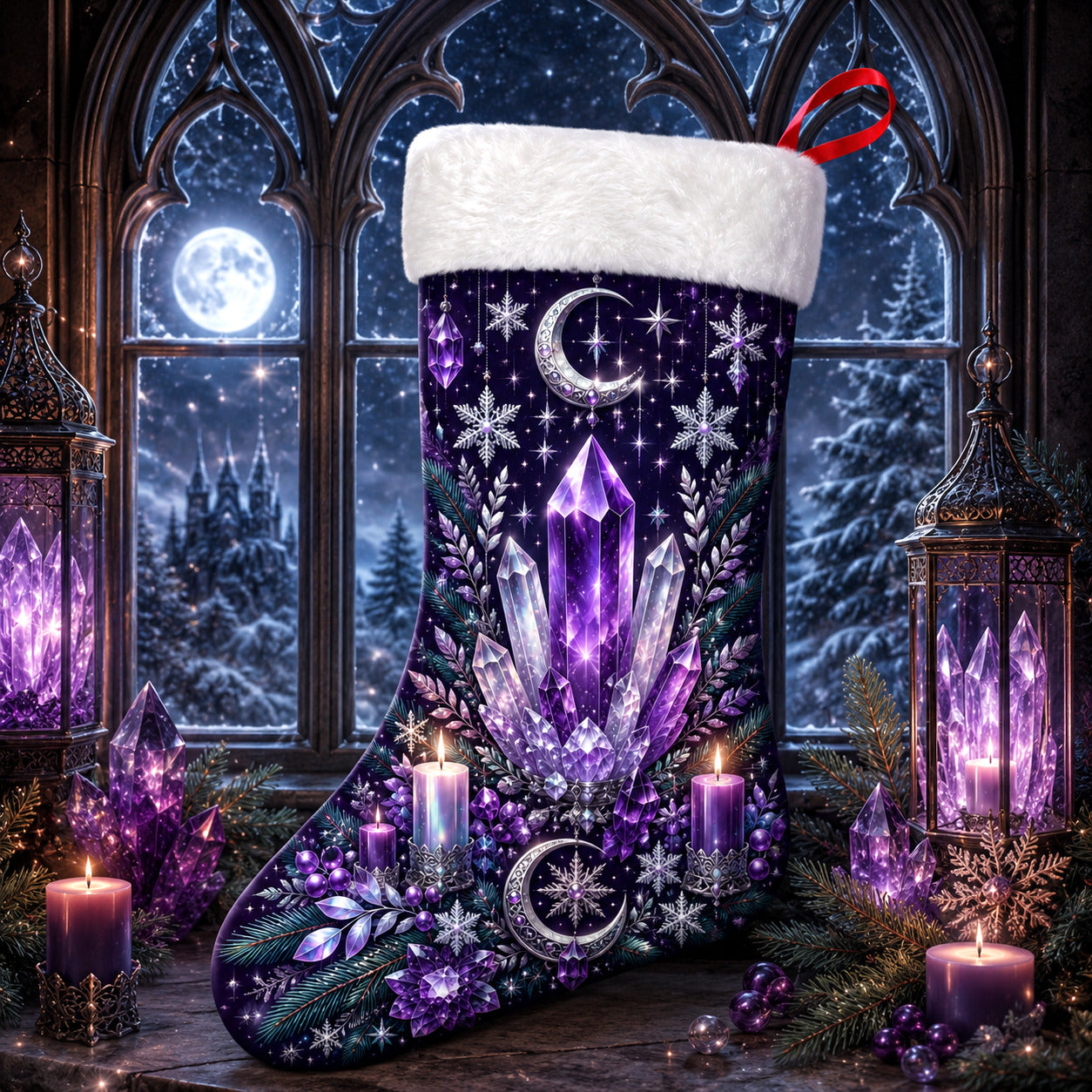 Amethyst Crystal Christmas Stocking Purple Witchy Altar Decor, styled shot 4
