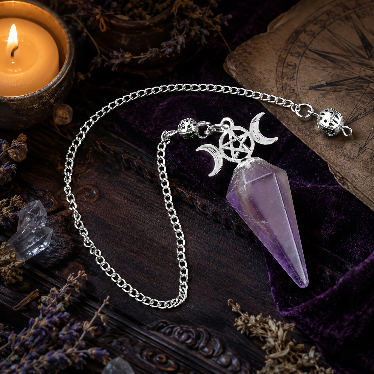 Amethyst Triple Moon crystal pendulum on a Wiccan ritual altar