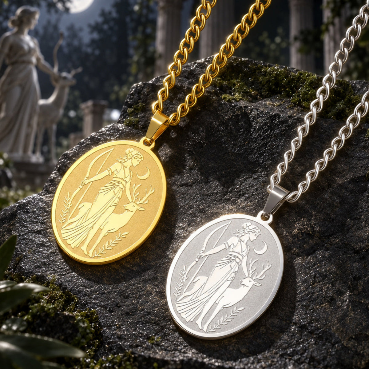 Artemis Goddess Necklace with Greek Deer Pendant Choker — detailed jewelry view 1