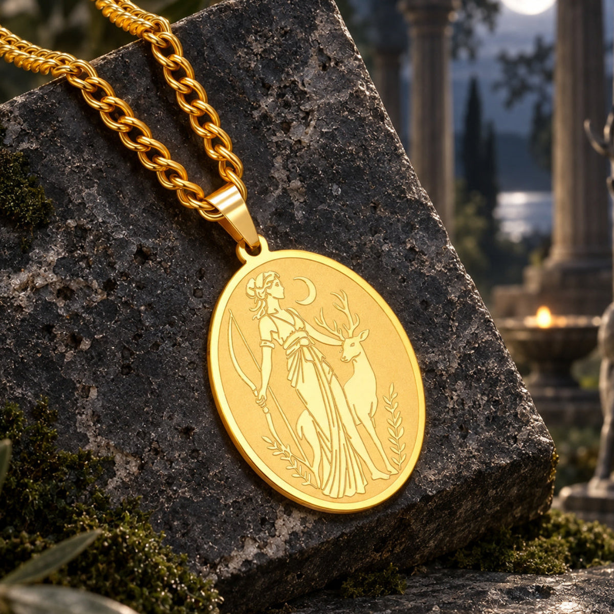 Artemis Goddess Necklace with Greek Deer Pendant Choker — detailed jewelry view 2
