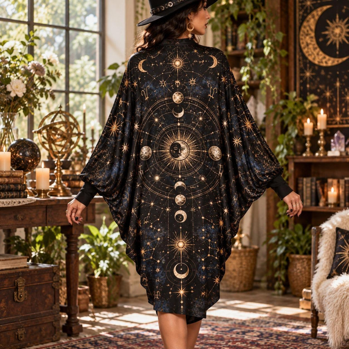 Astrology Star Map Celestial Batwing Dress – Witchy Sun and Moon Midi – worn, back view