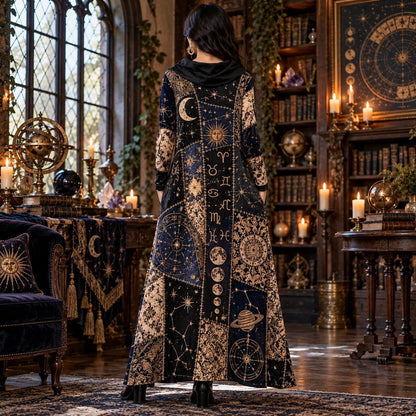 Astrology Star Map Celestial Cowl Neck Dress – Zodiac Full Moon Maxi – worn, back view
