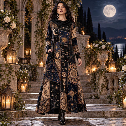 Astrology Star Map Celestial Cowl Neck Dress – Zodiac Full Moon Maxi – worn, in motion