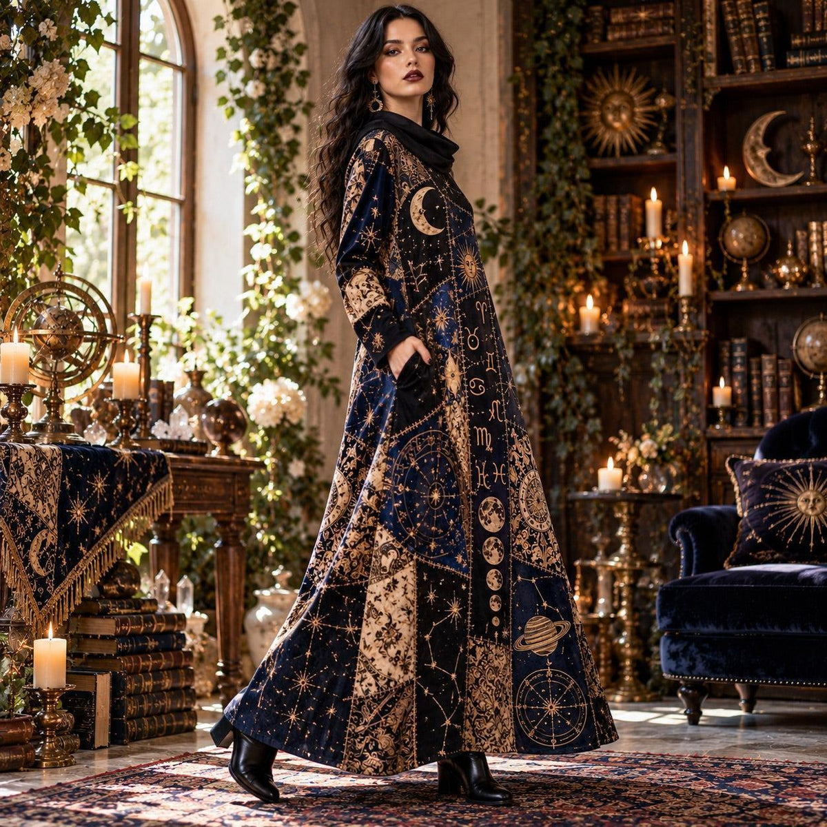 Astrology Star Map Celestial Cowl Neck Dress – Zodiac Full Moon Maxi – worn, three quarter view