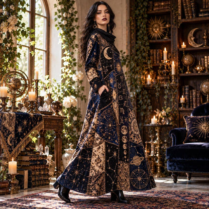 Astrology Star Map Celestial Cowl Neck Dress – Zodiac Full Moon Maxi – worn, three quarter view