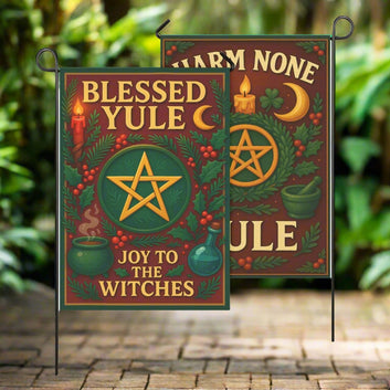 Yule Celebration with Pentacle Wicca Garden Flag and House Flag Pagan Home Decor