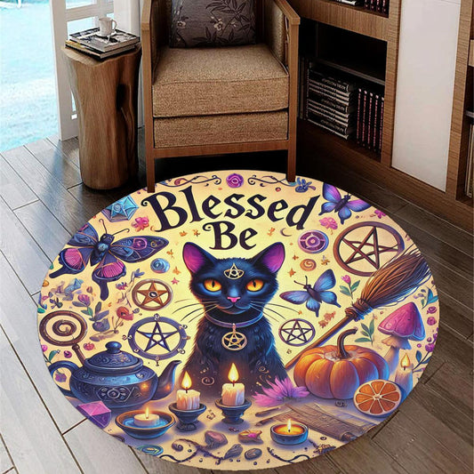 Wicca Cat Round Rug Witchy Black Cat Carpet for Witch Home Decor