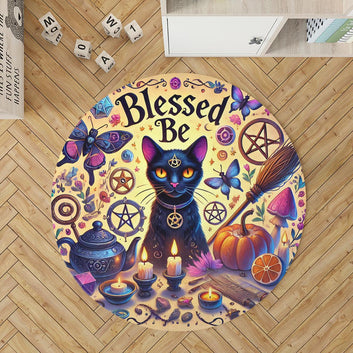 Wicca Cat Round Rug Witchy Black Cat Carpet for Witch Home Decor
