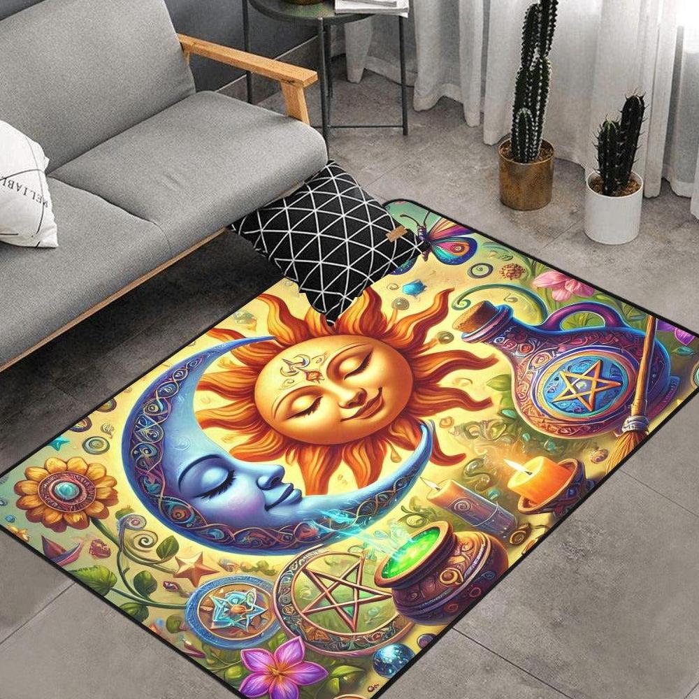 Boho Sun Moon Wicca Area Rug Celestial Goddess Witchy Carpet-MoonChildWorld