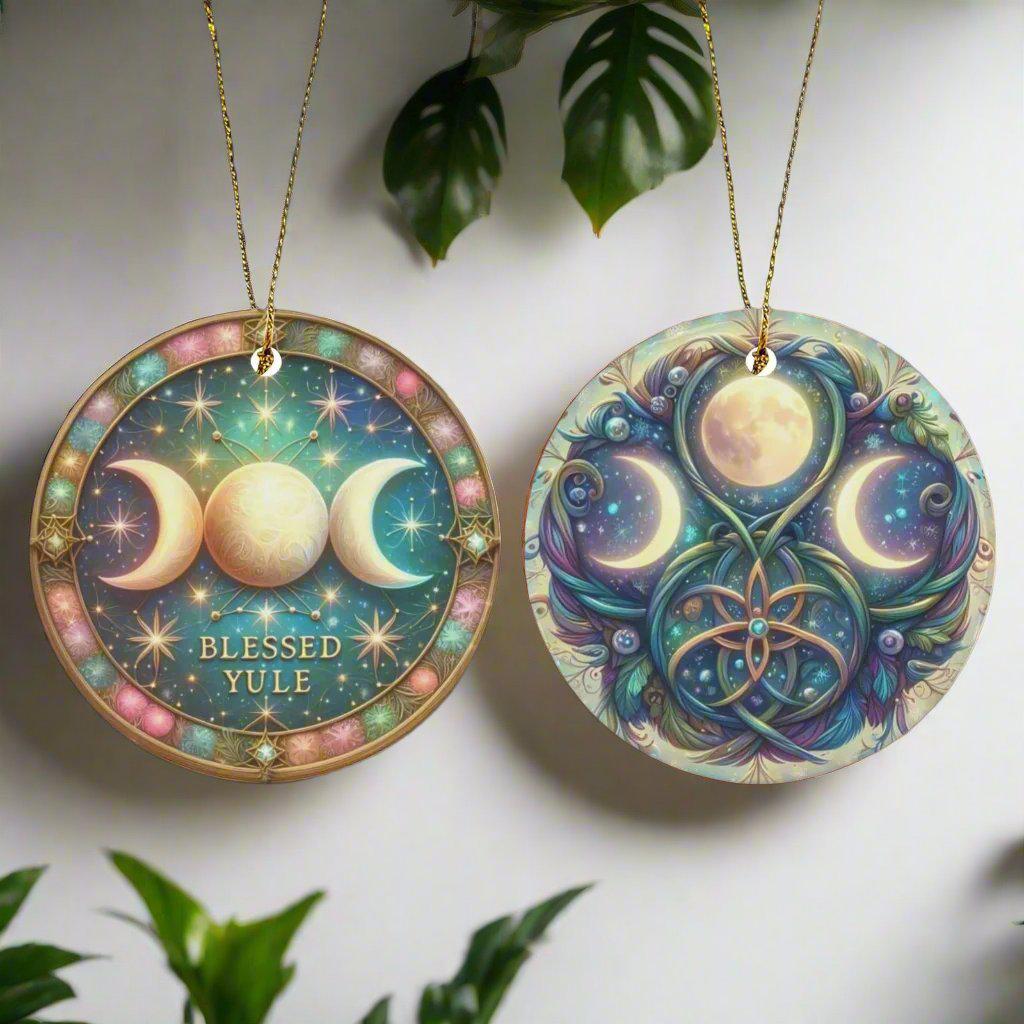 Triple moon Ceramic Christmas Ornament for Yule Tree Decorations-MoonChildWorld