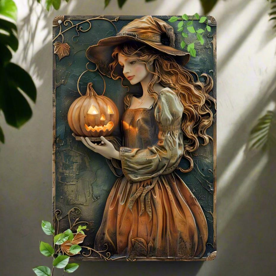 Pumpkin Lantern Witch Halloween Wall Hanging Witchy Metal Sign Spooky Home Decor-MoonChildWorld