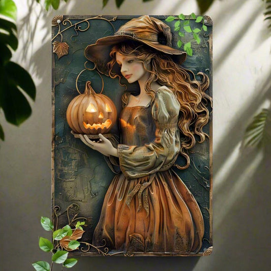 Pumpkin Lantern Witch Halloween Wall Hanging Witchy Metal Sign Spooky Home Decor