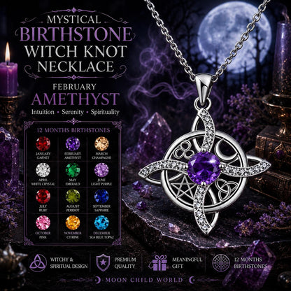 Mystical amethyst witch knot necklace with pentacle, perfect for Wiccan jewelry and spiritual altar decor.