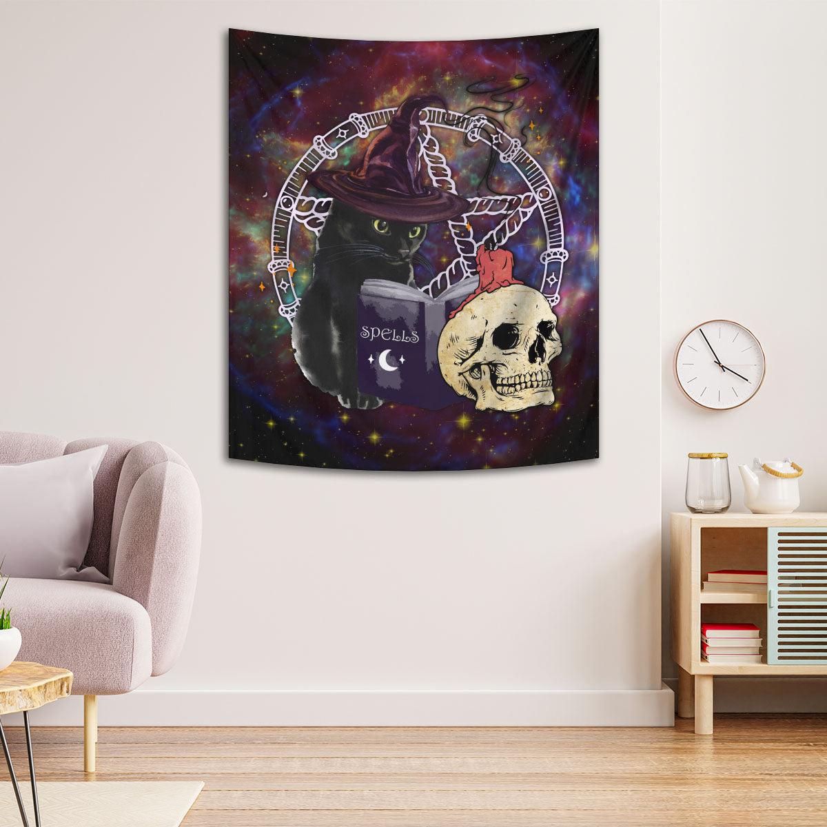 Skull Black Cat Halloween Tapestry Gothic Wall Hanging-MoonChildWorld