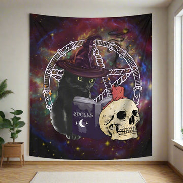 Skull Black Cat Halloween Tapestry Gothic Wall Hanging-MoonChildWorld