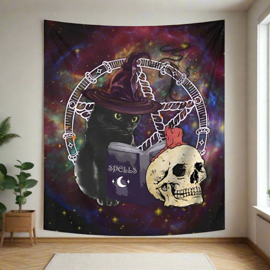 Skull Black Cat Halloween Tapestry Gothic Wall Hanging