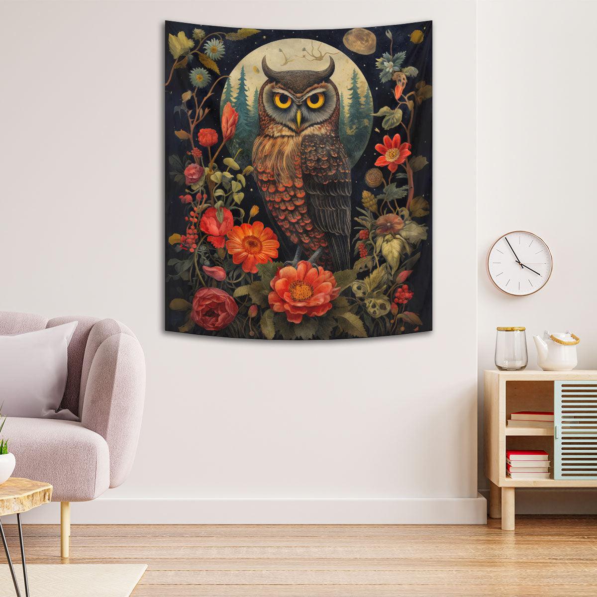 Floral Owl Tapestry Occult Wall Hanging-MoonChildWorld