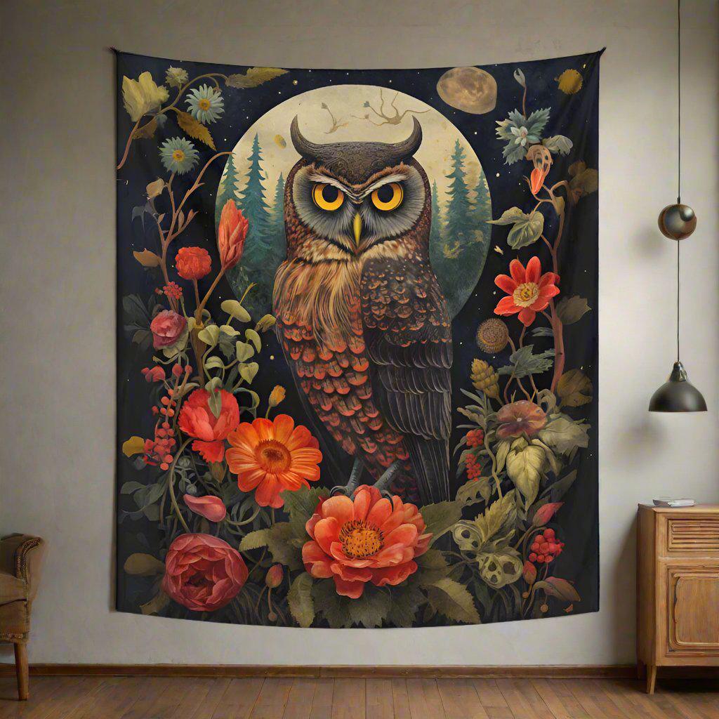 Floral Owl Tapestry Occult Wall Hanging-MoonChildWorld