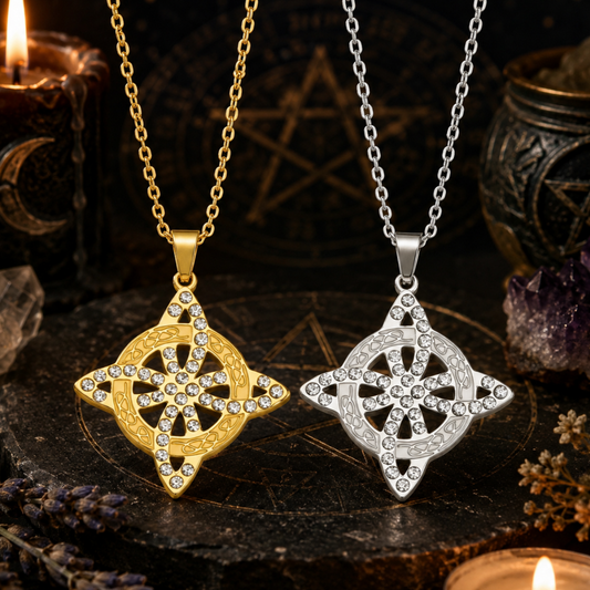 Two Celtic knot pendants, one gold and one silver, on dark background with candles and crystals.