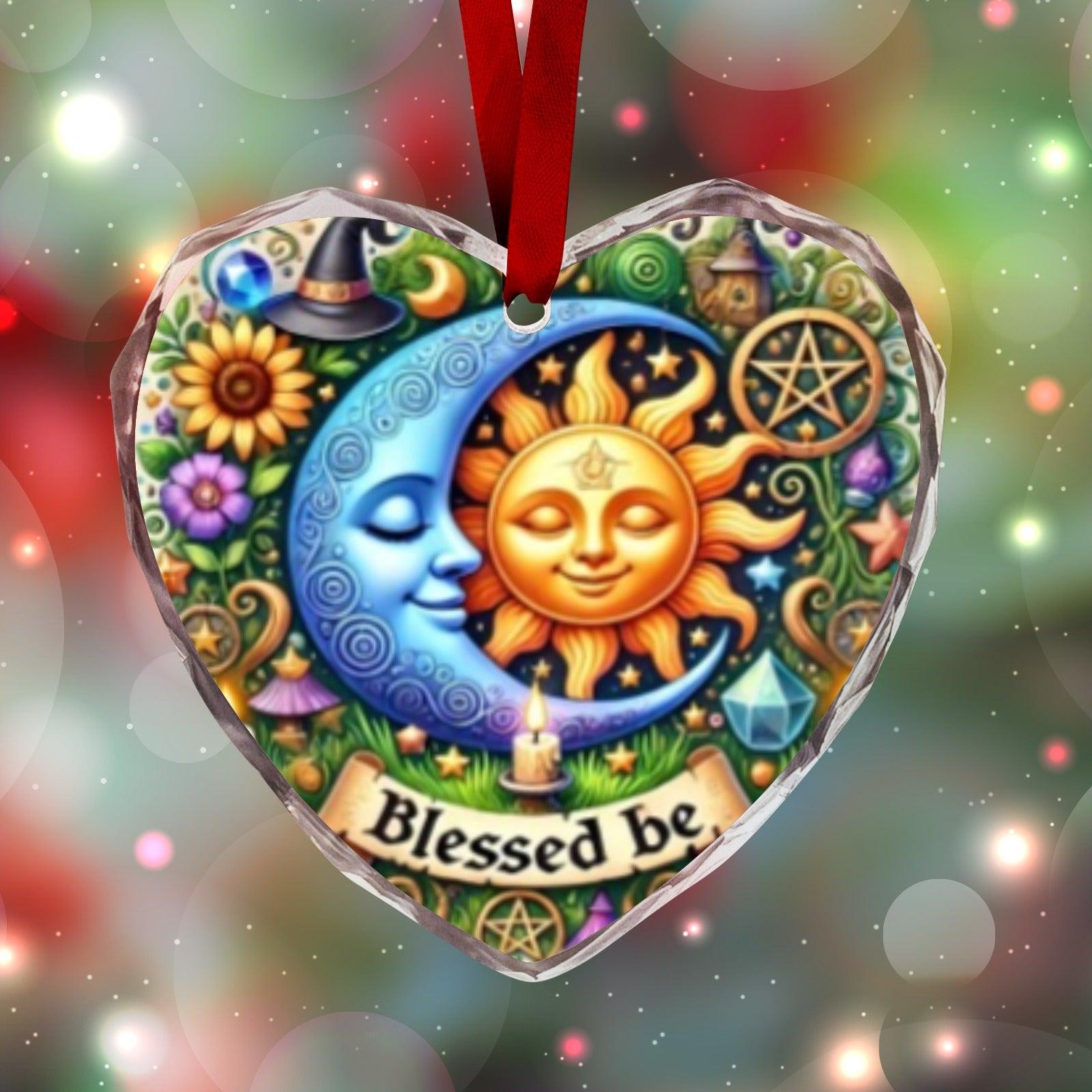 Wicca Sun Moon Pagan Blessed Yule Heart-Shaped Crystal Glass Ornament-MoonChildWorld