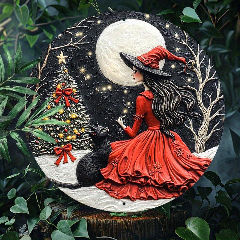 Black Cat and Christmas Witch Wall Art Wiccan Metal Sign for Pagan Yule Home Decorations-MoonChildWorld