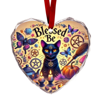Wicca Black Cat Witchy Christmas Heart-Shaped Crystal Glass Ornament