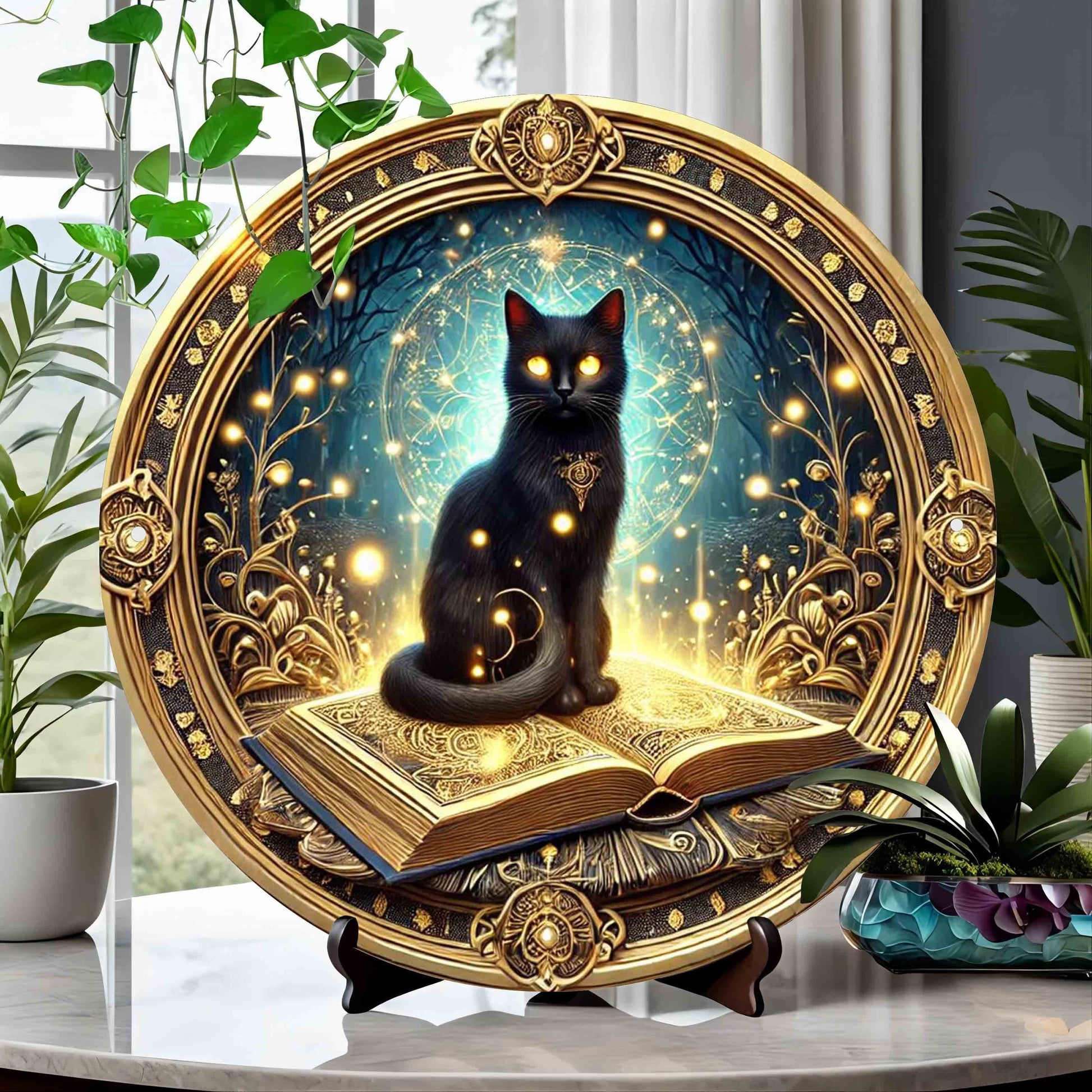 Mystic Black Cat On Magic Book Metal Sign Wicca Home Decor-MoonChildWorld