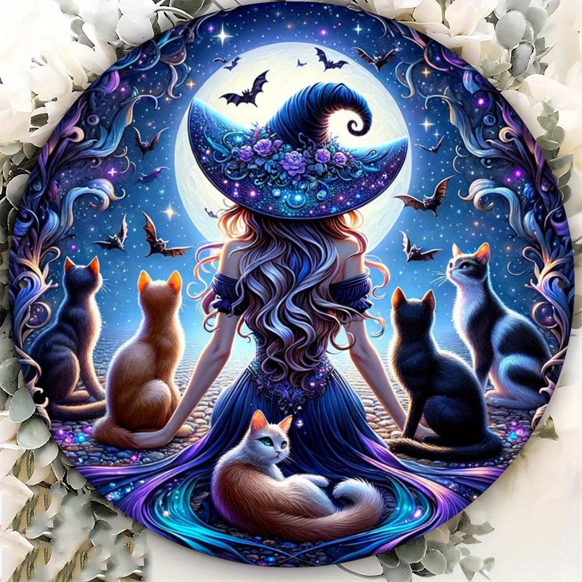 Enchanted Witch & Mysterious Cat Wall Art Witchy Metal Sign for Gothic Christmas Decorations-MoonChildWorld