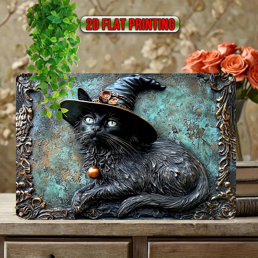 Magician Cat Wall Sign Witchy Black Cat Metal Sign for Halloween Decor-MoonChildWorld