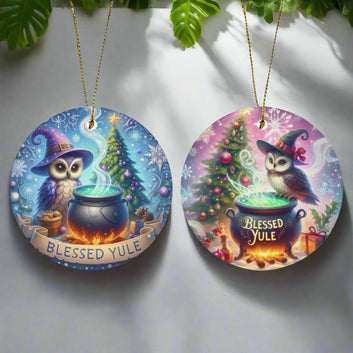 Witchy Owl Ceramic Christmas Ornament for Yule Tree Decorations