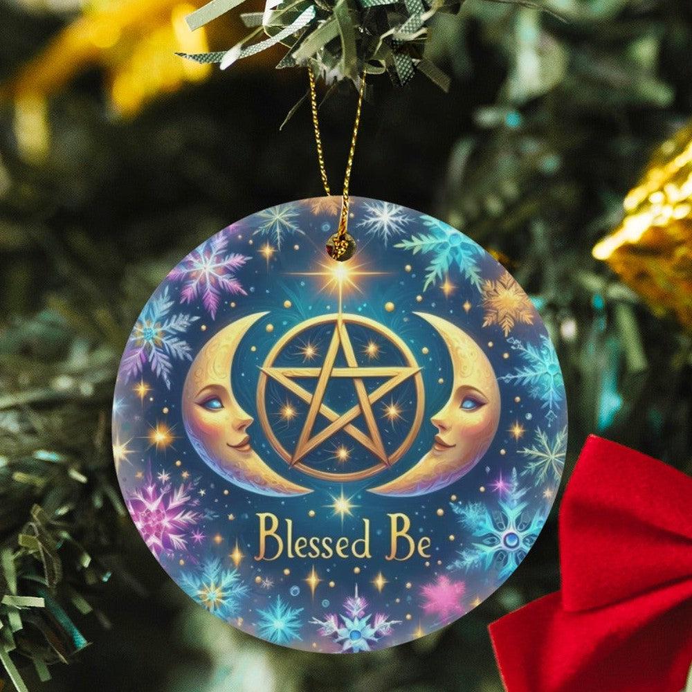 Pentacle Triple Moon Ceramic Christmas Ornament for Yule Tree Decorations-MoonChildWorld