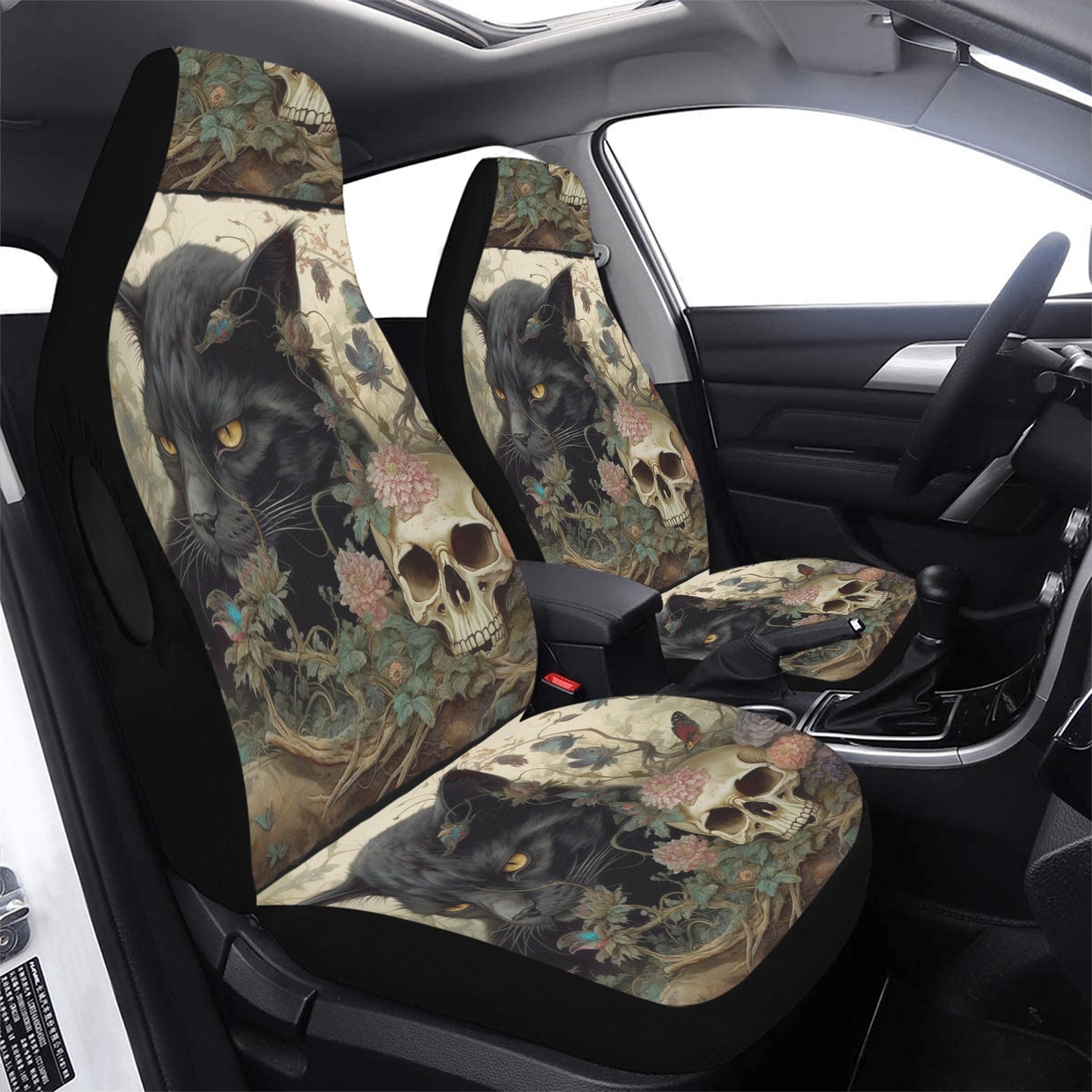 Skull black cat Halloween Gothic Car Seat Cover-MoonChildWorld