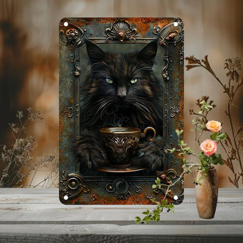 Coffee and Black Cat Wall Art Occult Cat Metal Sign for Spirit Animal Home Decor