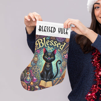 Blessed Yule Witch Black Cat Christmas Stocking for Yule Decorations