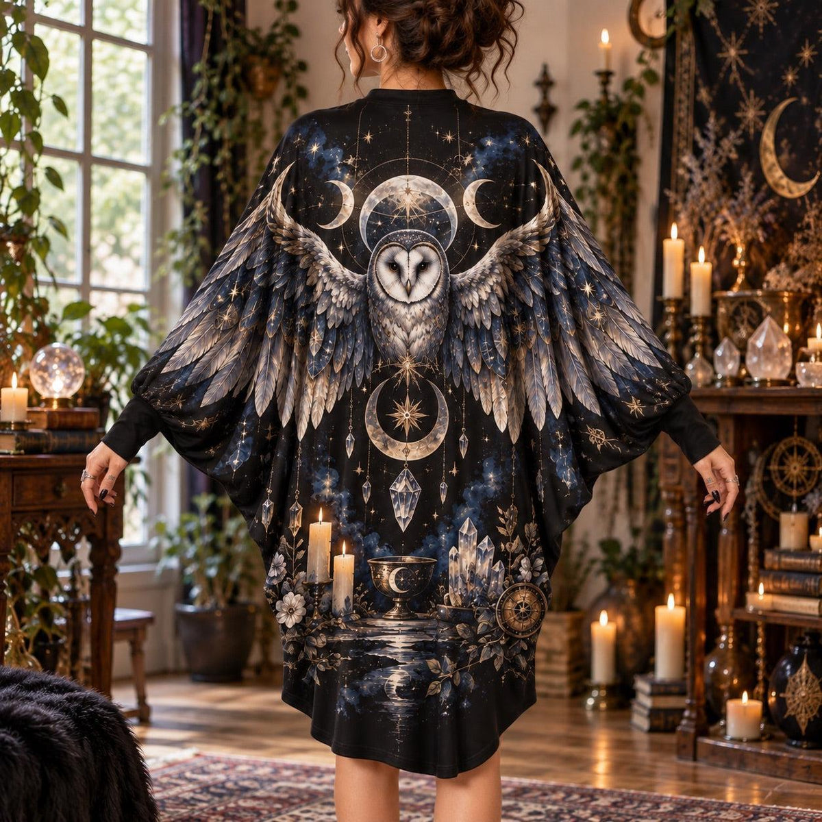 Barn Owl Moon Witchy Batwing Dress – Pagan Celestial Altar Midi – worn, back view